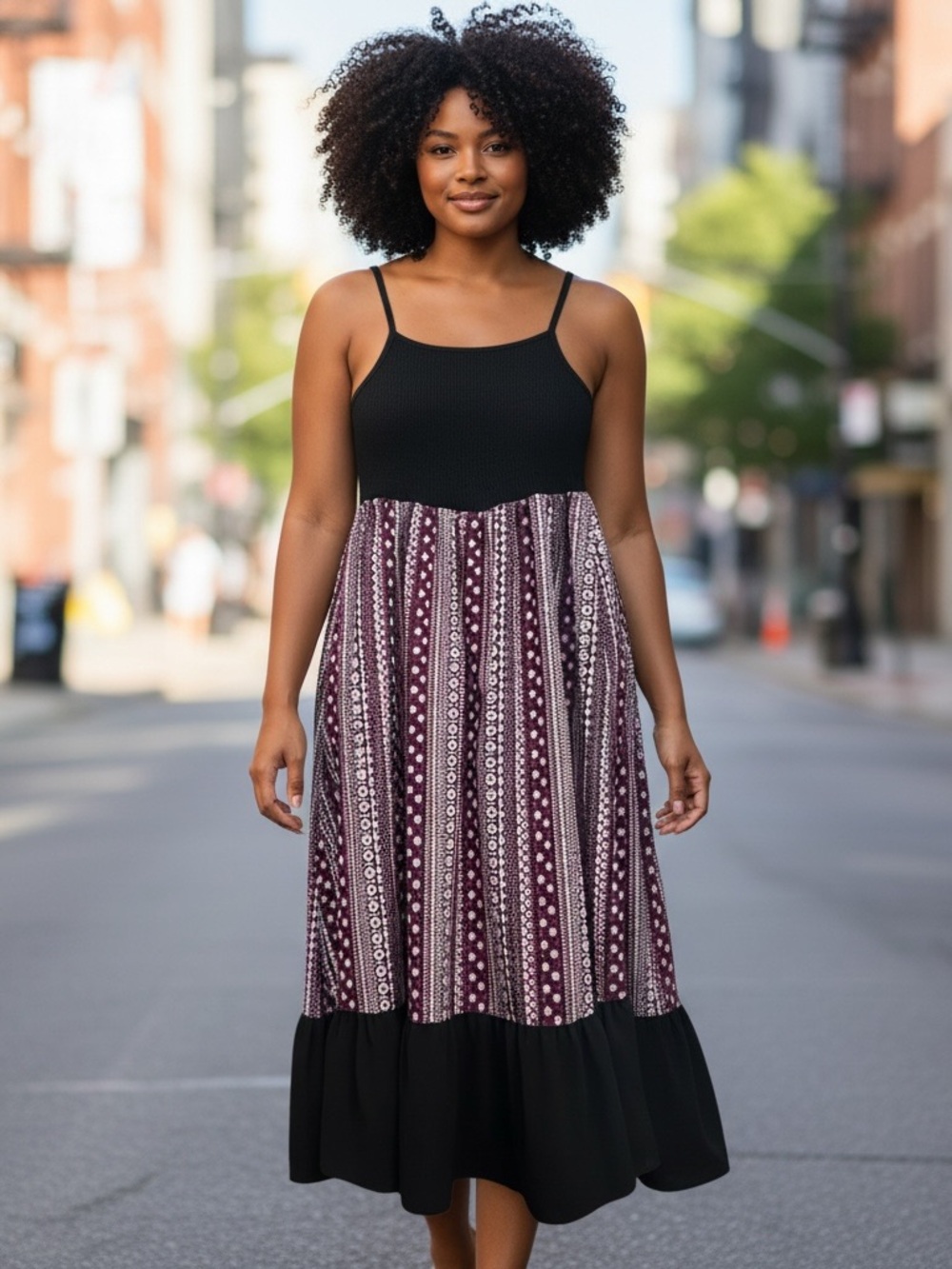 SHEIN Black Smocked Boho Print Tiered Midi Dress Size Large